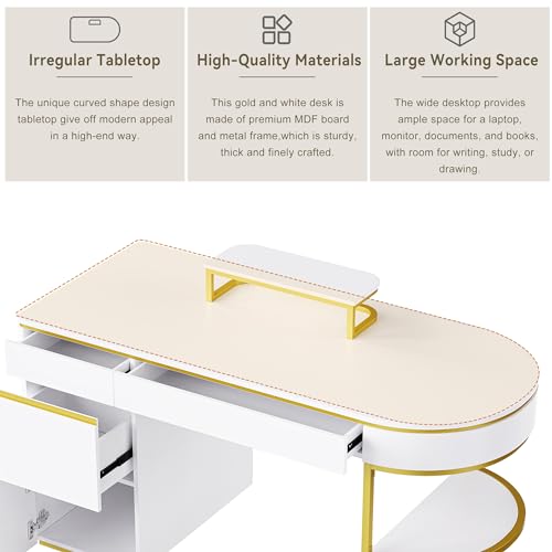 Merax 60'' Modern Executive Home Writing Curved Computer Desk with Metal Legs, 3-Drawers, and Storage Cabinet - White+Gold