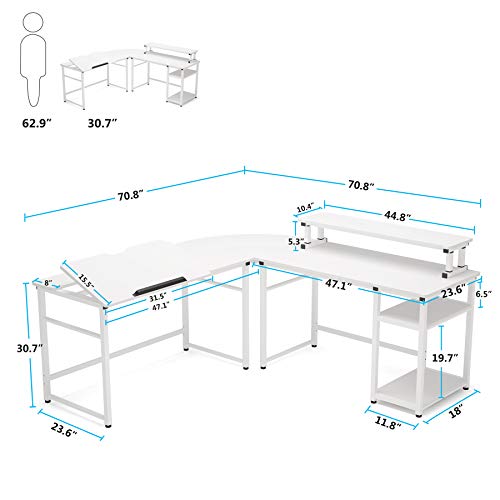 Tribesigns L-Shaped Computer Desk with Monitor Stand Riser, 70.8 inches Corner Computer Desk Study Writing Workstation Drafting Table with Tiltable Drawing Board for Home Office Use (White)