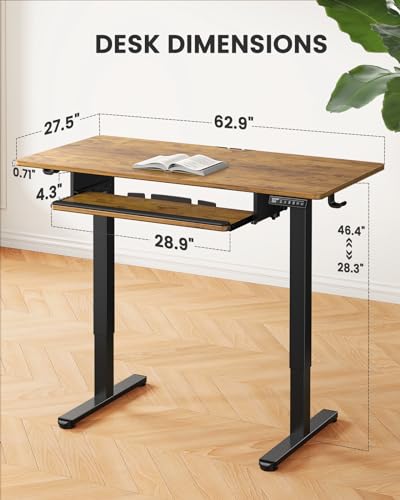 ErGear Large Electric Standing Desk with Keyboard Tray, 63x28 Inches Adjustable Height Sit Stand Up Desk - Vintage Brown