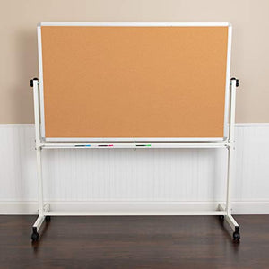 F&F Furniture Group 64.75” Reversible Mobile Cork Bulletin Board and White Board with Pen Tray