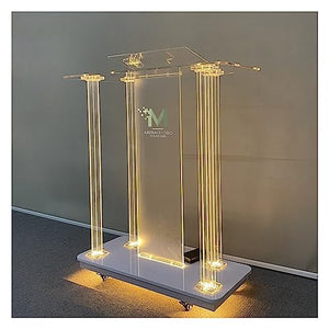 deenkk Acrylic Podium Stand with RGB LED Lights, 46" Tall, Wide Reading Surface