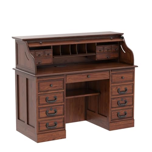 Country Marketplace Solid Oak Roll Top Desk - Executive Home Office Secretary Organizer 54"x24"x45" - Locking File Drawers - Quality Crafted Construction