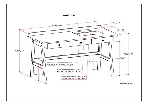 SIMPLIHOME Rylie SOLID WOOD Contemporary Modern 60 inch Wide Home Office Desk, Writing Table, Workstation, Study Table Furniture in Natural Aged Brown with 3 Drawers