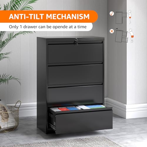 METAN Lateral 4 Drawer File Cabinet, Locking Steel, Black