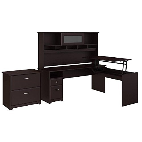 Bush Furniture Cabot 72W 3 Position L Shaped Sit to Stand Desk with Hutch and File Cabinet in Espresso Oak