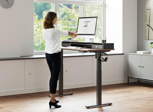 FEZIBO Height Adjustable Glass Electric Standing Desk with Double Drawer, Storage Shelf - 48 x 24 Inch, Black Walnut
