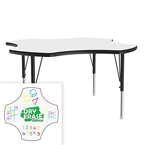 Correll 48" Clover Shaped, Classroom Dry Erase/Markerboard Top, Activity Table, Height Adjustable (19"-29), White Durable High Pressure Laminate, School Furniture, Made in The USA,ABZ48DE-CLO-80