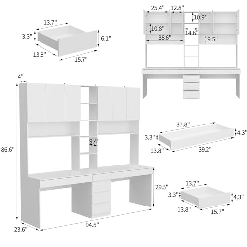 MOUMON Double Office Desk with Drawers and Shelves, White - 94.5”W x 23.6”D x 86.6”H