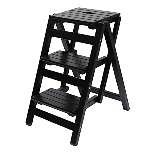 LUCEAE Folding Wooden Step Stool, 3 Steps, Non-Slip Wide Tread, Portable Adult Footstool - Black