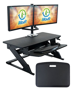 iMovR ZipLift+ Classic 35" Standing Desk Converter with Ergonomic Tilting Keyboard Tray in Black with EverMat Standing Mat