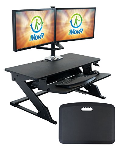 iMovR ZipLift+ Classic 35" Standing Desk Converter with Ergonomic Tilting Keyboard Tray in Black with EverMat Standing Mat
