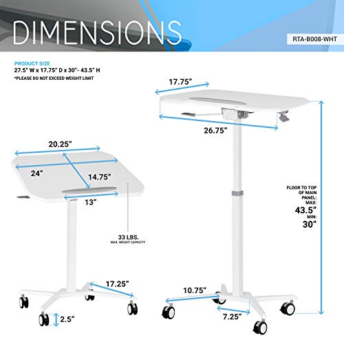 Techni Mobili White Sit to Stand Mobile Laptop Computer Stand with Height Adjustable and Tiltable Tabletop