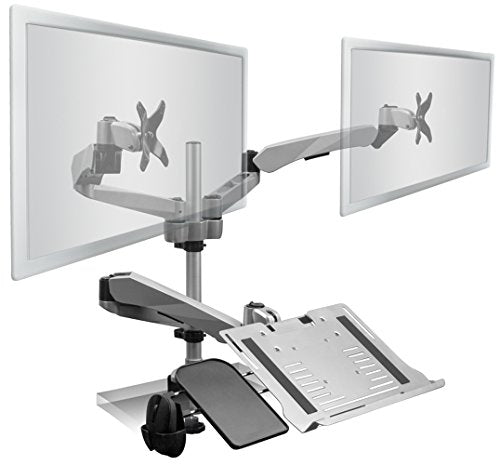 Mount-It! Dual Monitor and Laptop Desk Stand Mount with Mouse Pad Holder | 3 Gas Spring Arms | Fits Monitors up to 27 Inches | Laptop Notebook Tablet or Keyboard Tray Included | C-clamp Base | Silver