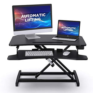 ABOX Standing Desk with Electric Powered Lifting Converter, 34" Height Adjustable Sit Stand Desk Riser, Dual Monitors Removable Keyboard Tray, Black