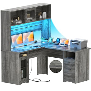Unikito Large L-Shaped Office Desk with Drawers, Hutch, Power Outlet, and LED Lights - 60 Inch Gray Oak