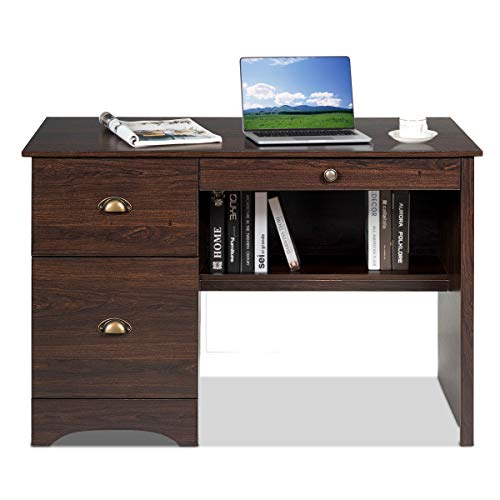 Tangkula Computer Desk, Wood Frame Home Office Desk with Storage Drawer and Shelf, Computer Workstation with Spacious Desktop, Ideal for Bedroom, Living Room, Office (Walnut)
