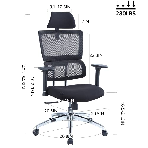 Ticova Ergonomic Office Chair - High Back Desk Chair with Elastic Lumbar Support & 3D Metal Armrest - 130°Reclining & Rocking Mesh Computer Chair with Thick Seat Cushion & Rotatable Headrest