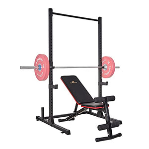 papababe Squat Rack-800 LB Capacity Power Rack 2"x 2" Steel Power Cage Squat Stand with 4 J-Hooks for Bench Press, Weightlifting and Strength Training with Adjustable Bench