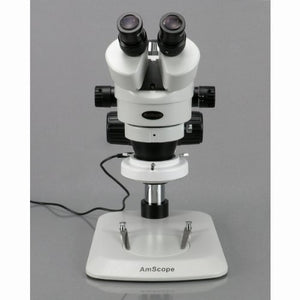 AmScope SM-1BN-64S Professional Binocular Stereo Zoom Microscope, WH10x Eyepieces, 7X-45X Magnification, 0.7X-4.5X Zoom Objective, 64-Bulb LED Ring Light, Pillar Stand, 110V-240V