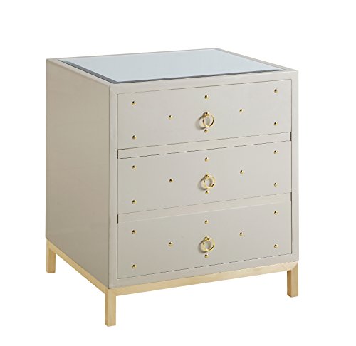 Iconic Home Prato Nightstand Side Table Mirror Glass Top with 3 Self Closing Lacquer Drawers Brass Finished Stainless Steel Frame Base, Modern Contemporary, Beige
