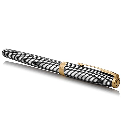 PARKER Sonnet Fountain Pen, Prestige Chiseled Silver with Gold Trim, Solid 18k Gold Fine Nib