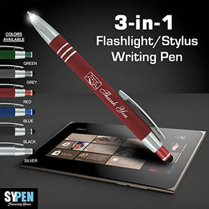 Promotional Pens with your Personalized Text or Custom Business Logo- Bulk 100 Pack- 3 in 1 Rubberized Metal Luxury Ballpoint Pens + LED Night Writer Flashlight + Stylus for Touchscreens, Assorted