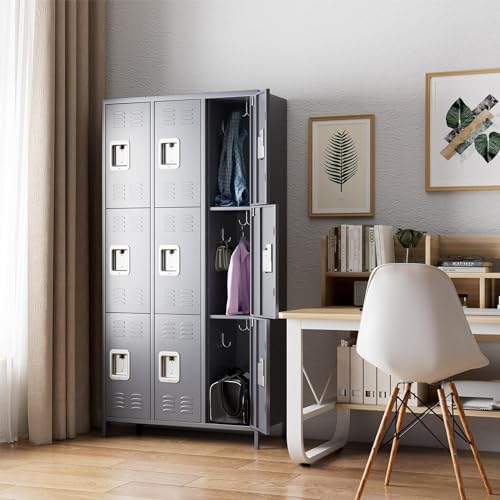 GangMei Metal Lockers with 18 Hooks & 9 Doors, Steel Storage Cabinet (Dark Grey)