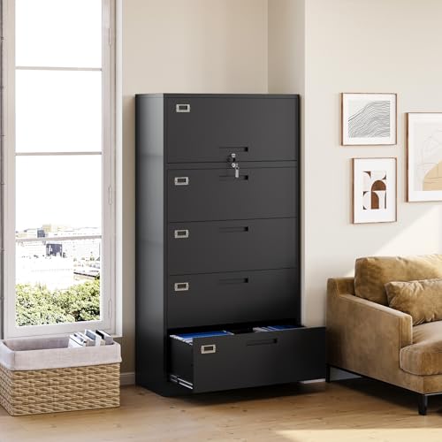 MIIIKO 4 Drawer File Cabinet with Shelf, 5 Tier Metal Lateral Filing Cabinet - 36" Wide, Lockable - Home Office Storage