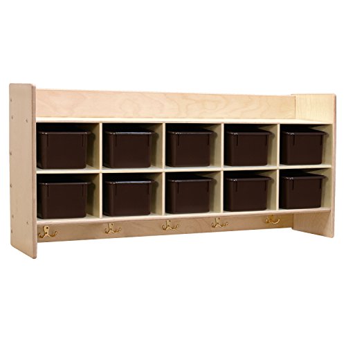Contender 10 Section Wall Cubby Shelve with Brown Plastic Storage Containers for organizing House and Playrooms, 100% Plywood and UV Finish
