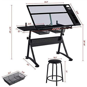 DXXWANG Glass Adjustable Art Drafting Table Artists Drawing Desk with 2 Drawers & Stool