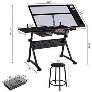 HLWL Glass Drafting Table Artists Drawing Desk Adjustable with 2 Drawers & Stool