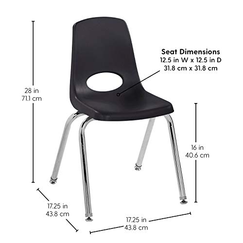 FDP 16" School Stack Chair, Stacking Student Seat with Chromed Steel Legs and Nylon Swivel Glides; for in-Home Learning or Classroom - Black (6-Pack), 10368-BK