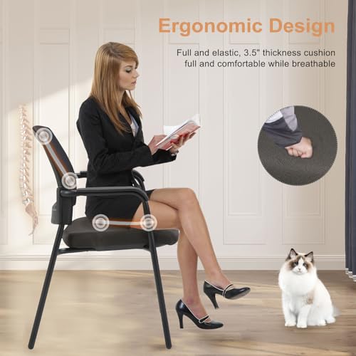 CLATINA Office Reception Guest Chair Mesh Back Stacking with Lumbar Support, Thickened Seat Cushion - Black 4 Pack