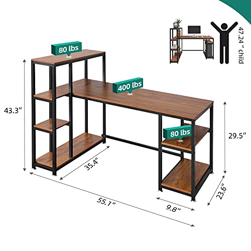 YITAHOME Computer Desk with 7 Storage Shelves, Writing Table Workstation with Bookshelf Hutch, L-Shape Study Work Desk with 55 inch Desktop for Home Office, Teak