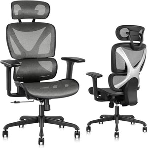 GABRYLLY Ergonomic Office Chair with Lumbar Support, Adjustable 3D Arms, Reclining, Headrest & Large Seat - Grey