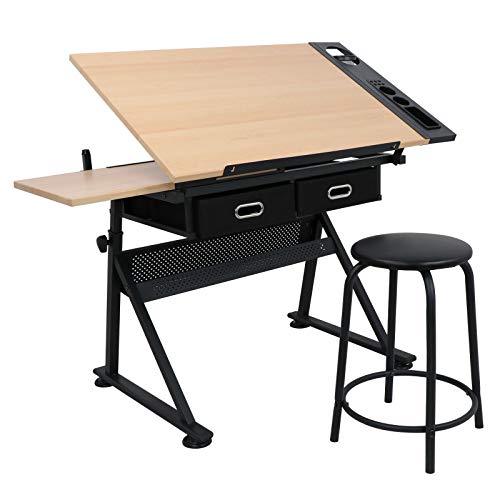 Drawing Table Adjustable Folding, Designer Architect, Drafting Table Art & Craft Drawing Desk with Drawer Comfortable Work Space Workstation Home, Office, Studio, or School