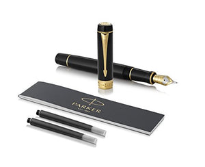 PARKER Duofold Centennial Fountain Pen, Classic Black with Gold Trim, Fine Solid Gold Nib, Black Ink and Convertor (1931381)