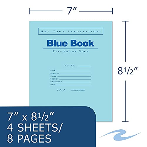 Case of 1000 Exam Books, 8.5"x7", 4 sheets/8 pages of 15# Smooth White Paper, Wide Ruled W/Margin, Heavy Blue Cover, Stapled