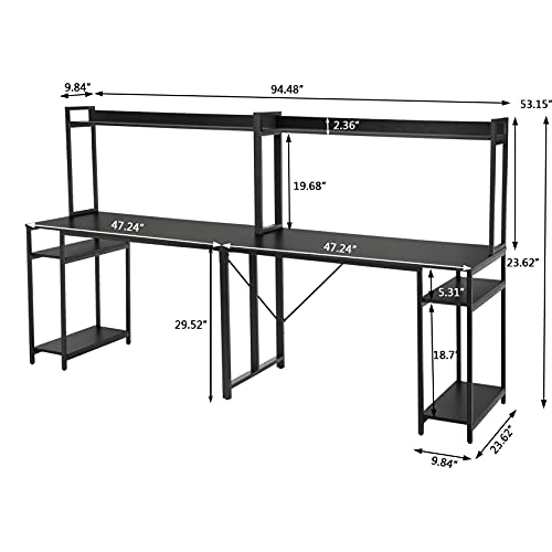 Ywbaw Double Workstation Home Office Desk for Two People, 94.5 inches Computer Desk with Hutch, Extra Long Desk Writing Study Table, Suitable for Home, Office, Internet Cafe (Black)
