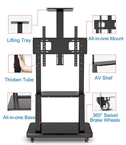 YokIma Black Mobile TV Floor Stand/Cart, Fits 32-75 Inch TV, Universal Display Stand with Wheels & Camera Shelf, 120Kg Load