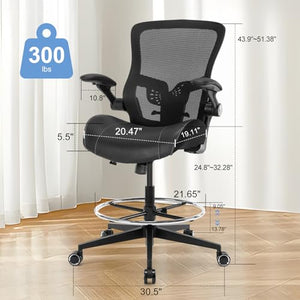 HOMIFYCO Tall Drafting Chair with Flip-up Armrests, Footrest, and Lumbar Support - Black