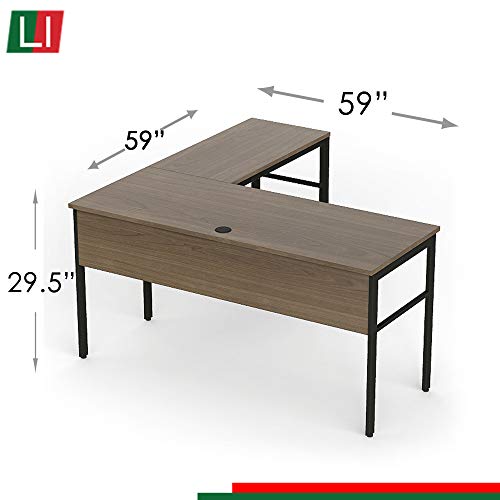 Linea Italia Urban L-Shaped Corner Home Office Easy to Assemble Modern Metal Computer Desk, Wood Top & Black Steel Frame, 60" x 60", Walnut
