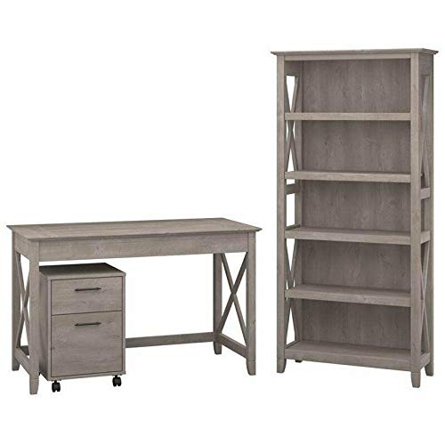 3 Piece Office Set in Washed Gray-Home office furniture sets-Computer desk-Home office desks-Desk with drawers-Storage cabinet-Home office desk-Home office furniture set-Home office set furniture