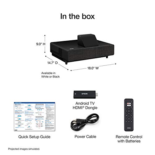Epson EpiqVision Ultra LS500 Laser Ultra Short Throw Projector, 4000 lumens, 4K PRO-UHD, HDR, Android TV, Google Assistant, HDMI 2.0, Built-in Speakers, Sports, Gaming, Movies & Streaming – Black