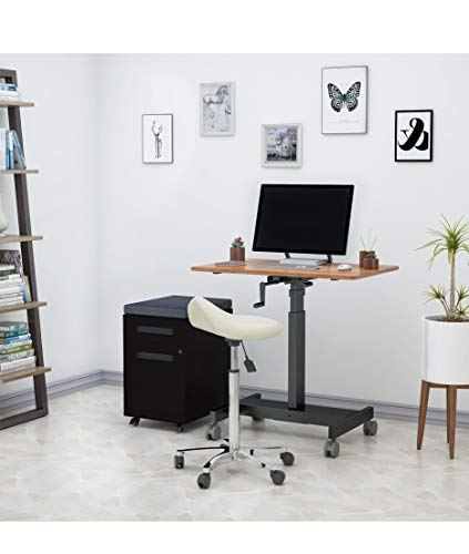 Stand Up Desk Store Crank Adjustable Height Single Column Rolling Mobile Standing Desk (Black Frame/Teak Top, 40" Wide)