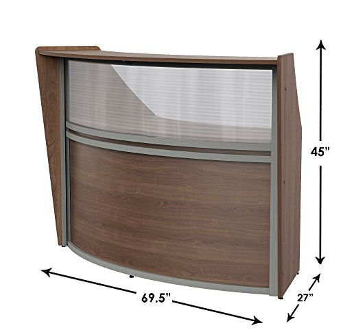 Linea Italia Curved Office Clear Panel Reception Desk Counter | 72" x 32" Walnut