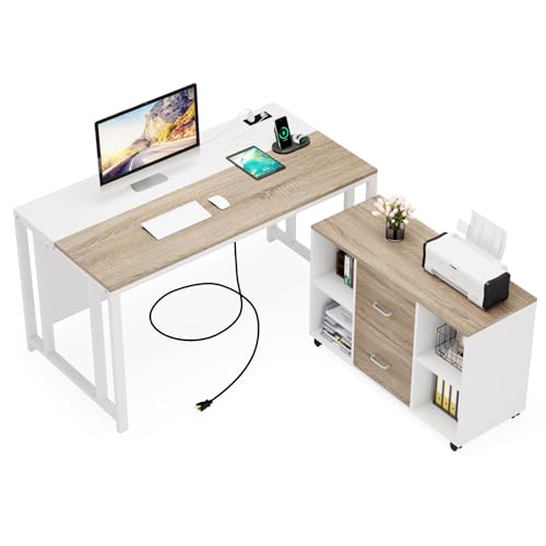 TRIBESIGNS WAY TO ORIGIN L-Shaped Computer Desk with Power Outlet and Drawer Cabinet, 55 inch Executive Office Desk with File Cabinet and Printer Stand, White