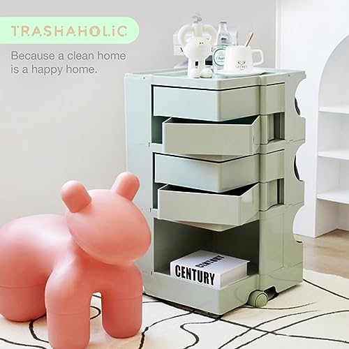 Trashaholic Multipurpose Utility Storage Cart - ABS Plastic Caddy with Wheels and Drawers - Professional Trolley Cart - Sage Green