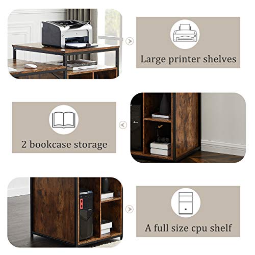 Veryke Computer Desk Home Office Desk Workstation with Storage Shelf, Writing PC Table with CPU Storage Space & Printer Stand, Space Saving Design(Brown)