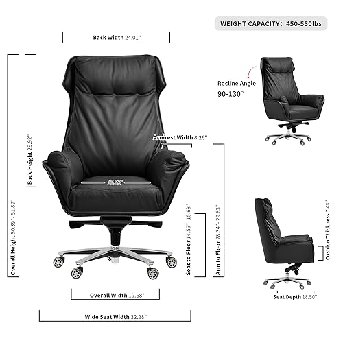 Kinnls Austin Executive Chair Black Genuine Leather Reclining High Back Desk Chair